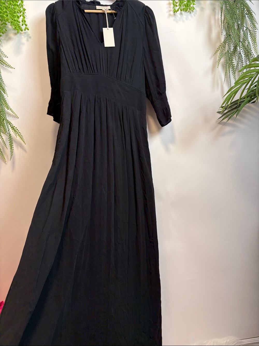 MELLODAY Black 3/4 Long Sleeve Maxi Dress with Gathered Waist